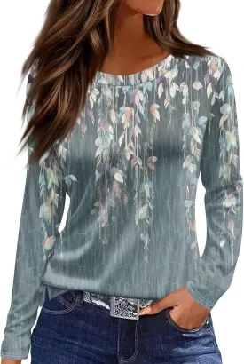 Women's Tops Long Sleeve Spring Shirts 2025 Trendy Loose Fit Crew Neck Floral Print Dressy Blouses