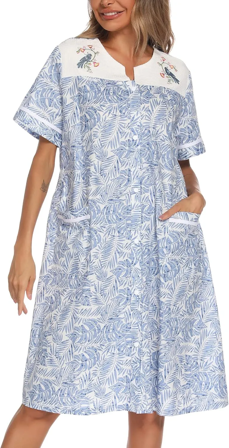 YOZLY House Dress Womens Embroidered Housecoat Short Sleeve Duster Robe with Front Pockets S-3XL
