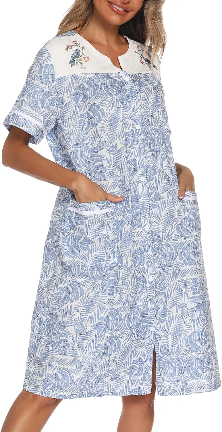 YOZLY House Dress Womens Embroidered Housecoat Short Sleeve Duster Robe with Front Pockets S-3XL