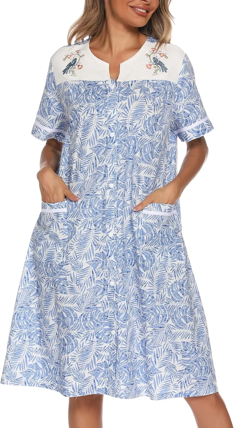 YOZLY House Dress Womens Embroidered Housecoat Short Sleeve Duster Robe with Front Pockets S-3XL