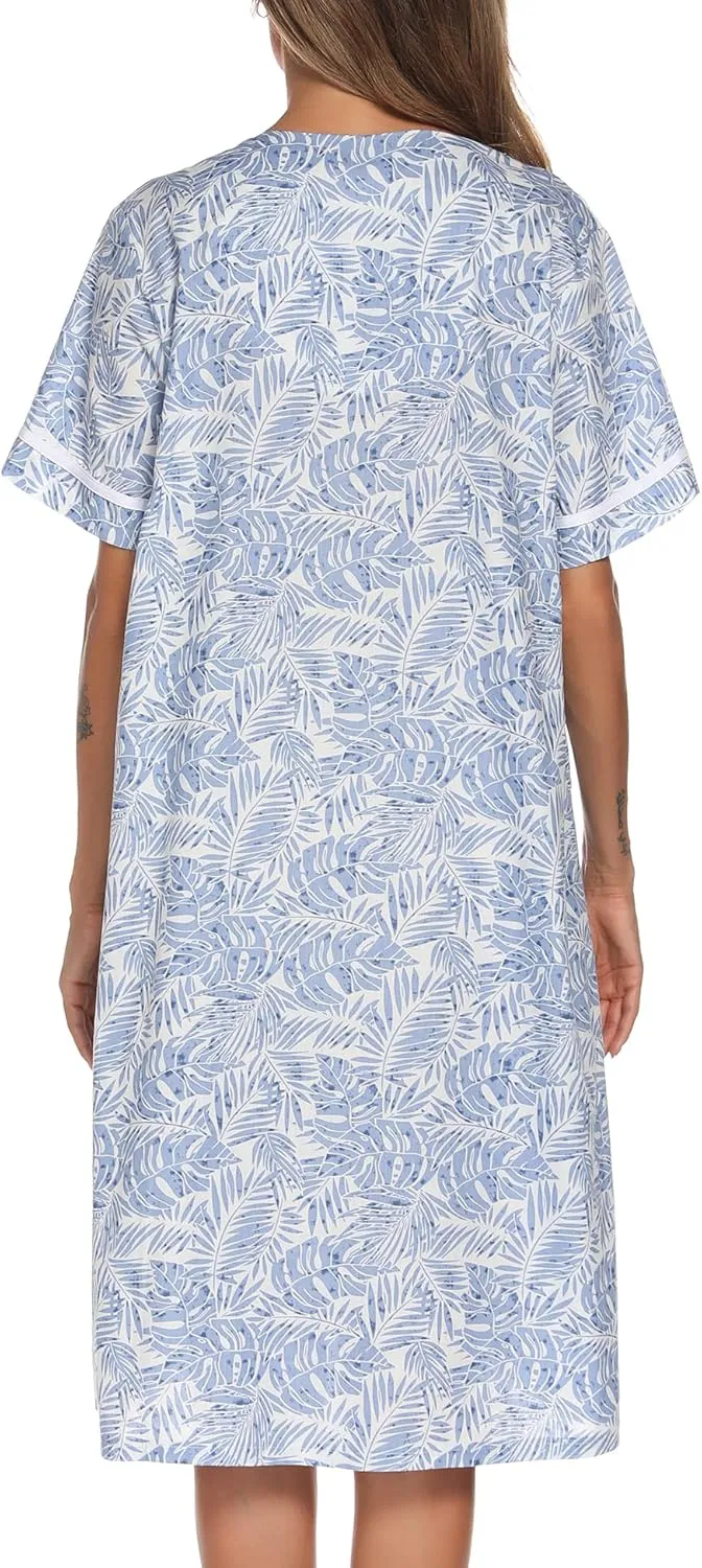 YOZLY House Dress Womens Embroidered Housecoat Short Sleeve Duster Robe with Front Pockets S-3XL