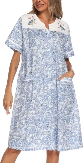 YOZLY House Dress Womens Embroidered Housecoat Short Sleeve Duster Robe with Front Pockets S-3XL