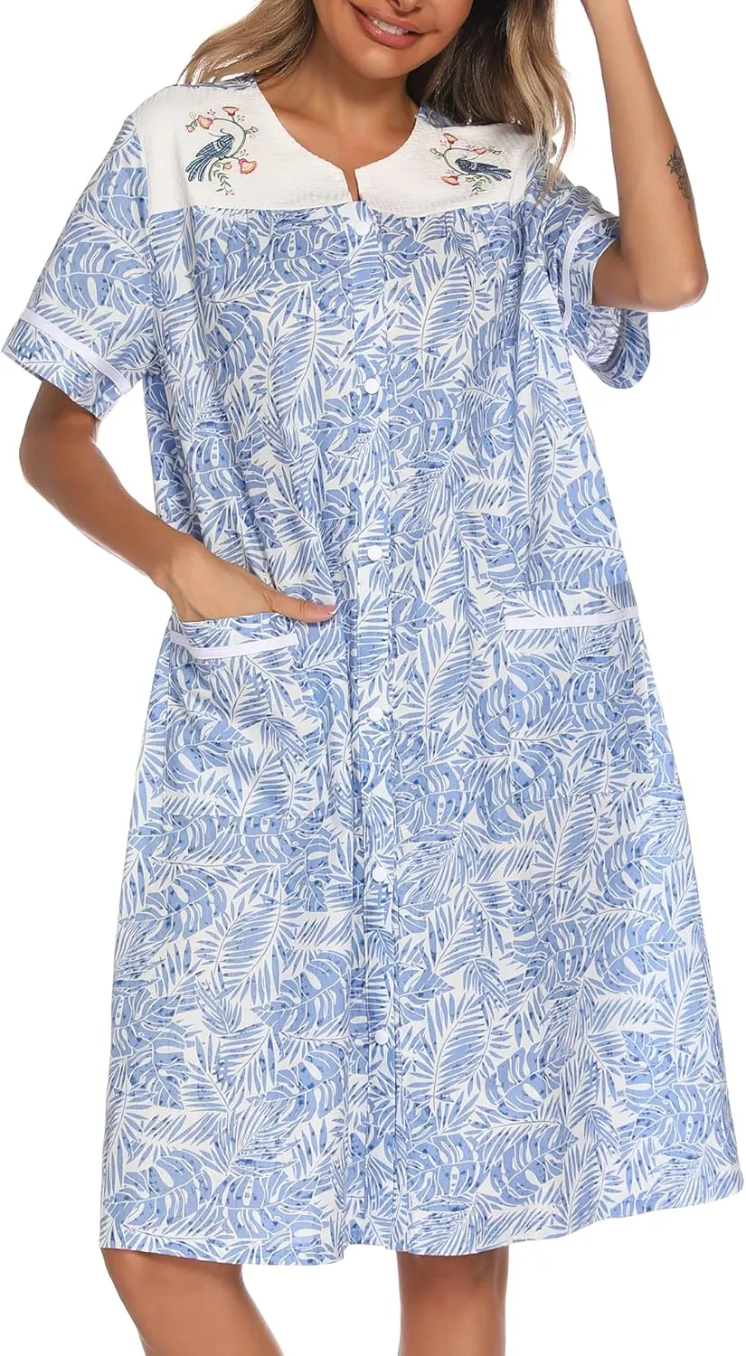 YOZLY House Dress Womens Embroidered Housecoat Short Sleeve Duster Robe with Front Pockets S-3XL