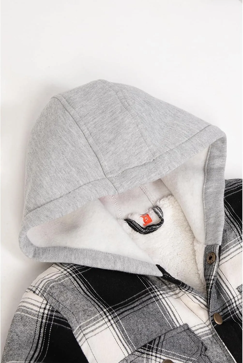ZENTHACE Kids Boys Girls Sherpa Lined Flannel Shacket Jacket,Hooded Plaid Snap Shirt,Fall Winter Playwear
