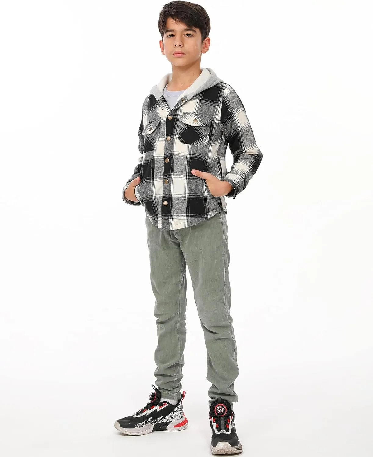 ZENTHACE Kids Boys Girls Sherpa Lined Flannel Shacket Jacket,Hooded Plaid Snap Shirt,Fall Winter Playwear