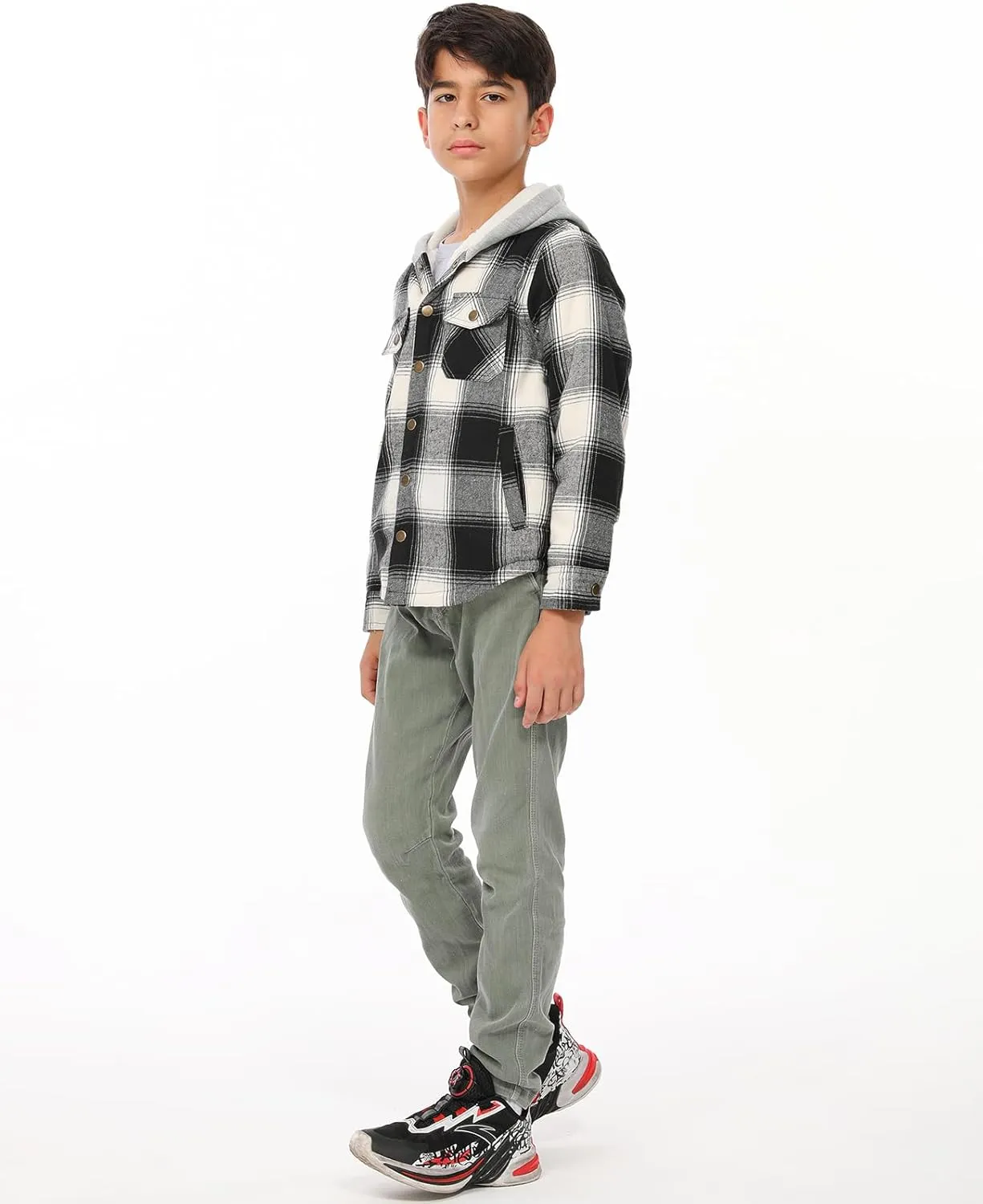 ZENTHACE Kids Boys Girls Sherpa Lined Flannel Shacket Jacket,Hooded Plaid Snap Shirt,Fall Winter Playwear