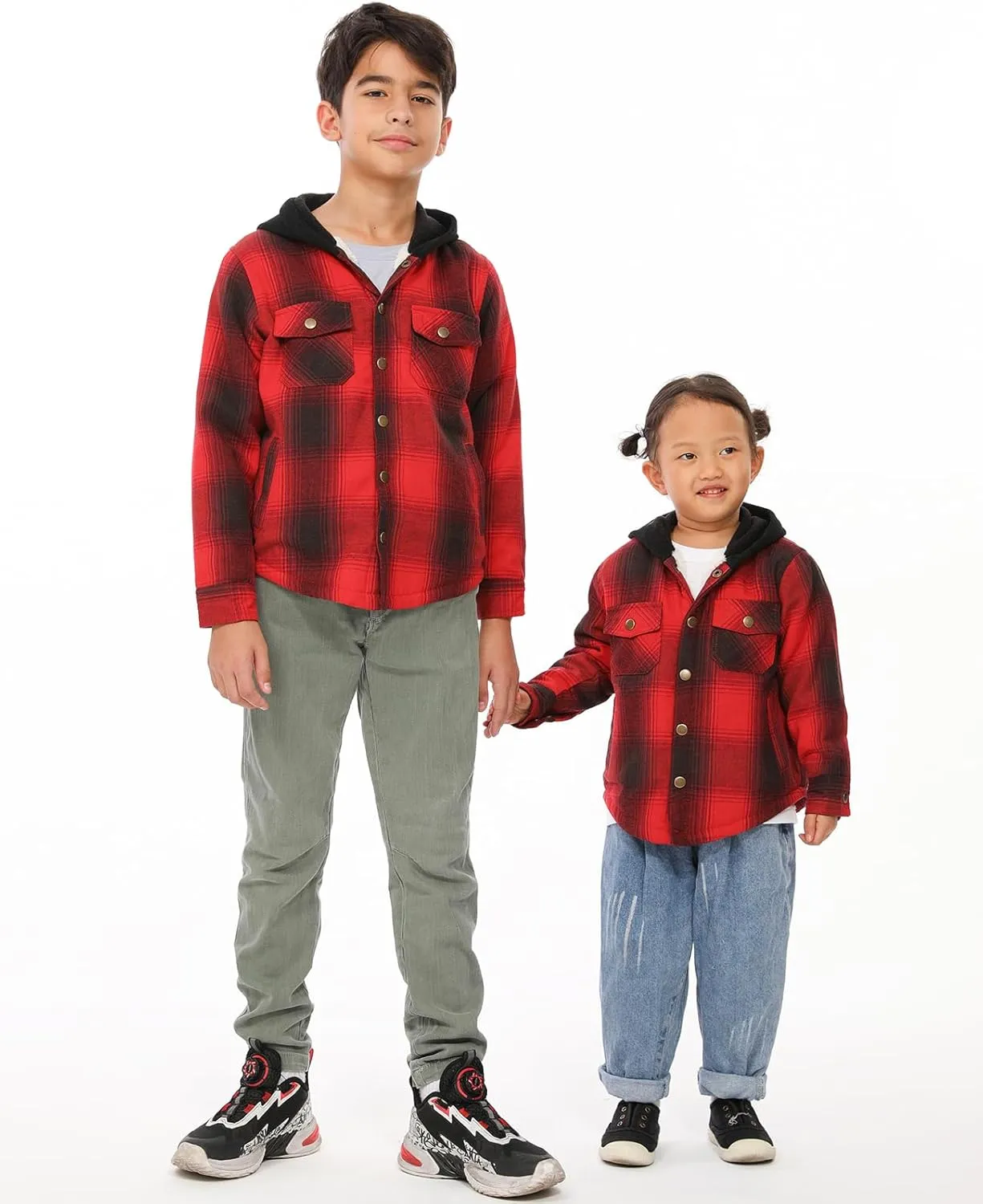 ZENTHACE Kids Boys Girls Sherpa Lined Flannel Shacket Jacket,Hooded Plaid Snap Shirt,Fall Winter Playwear
