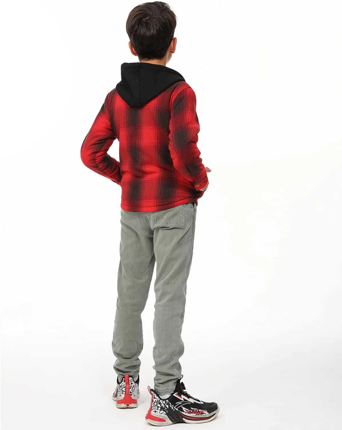 ZENTHACE Kids Boys Girls Sherpa Lined Flannel Shacket Jacket,Hooded Plaid Snap Shirt,Fall Winter Playwear
