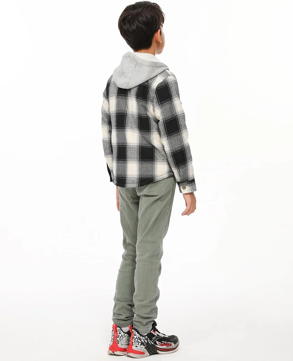 ZENTHACE Kids Boys Girls Sherpa Lined Flannel Shacket Jacket,Hooded Plaid Snap Shirt,Fall Winter Playwear