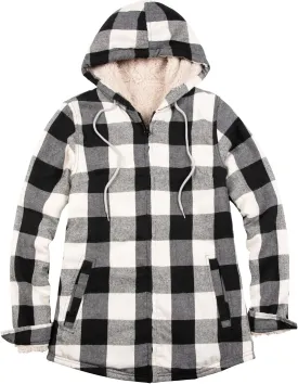 ZENTHACE Womens Sherpa Lined Flannel Jacket Full Zip Up Hooded Flannel Plaid Shirt Jacket with Side Pockets