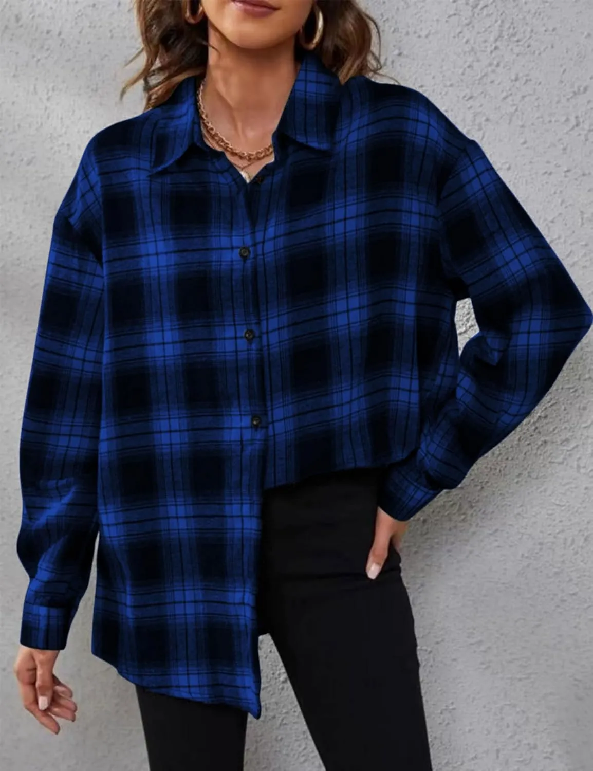 Zontroldy Plaid Flannel Shirts for Women Oversized Long Sleeve Button Down Buffalo Plaid Shirt Blouse Tops