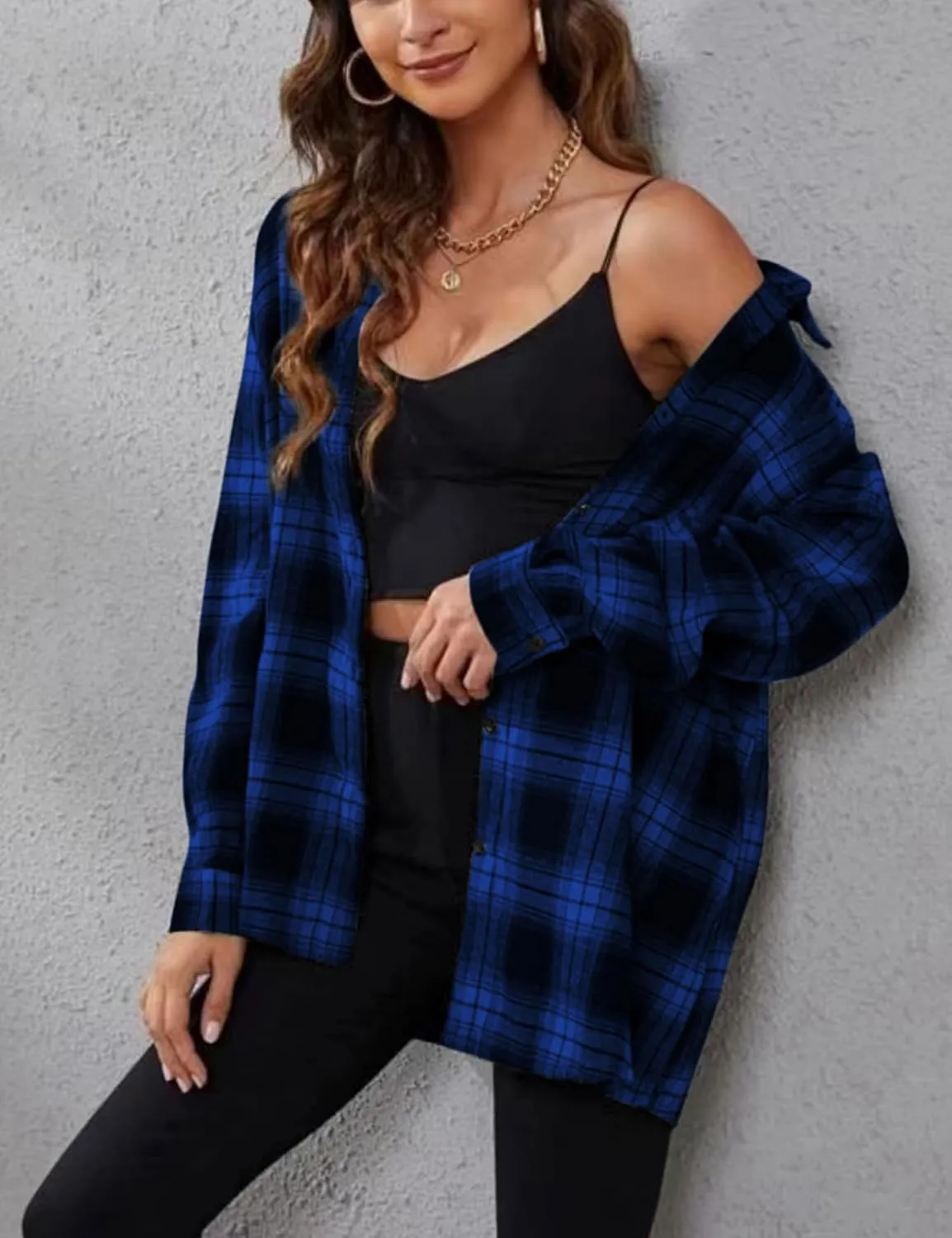 Zontroldy Plaid Flannel Shirts for Women Oversized Long Sleeve Button Down Buffalo Plaid Shirt Blouse Tops
